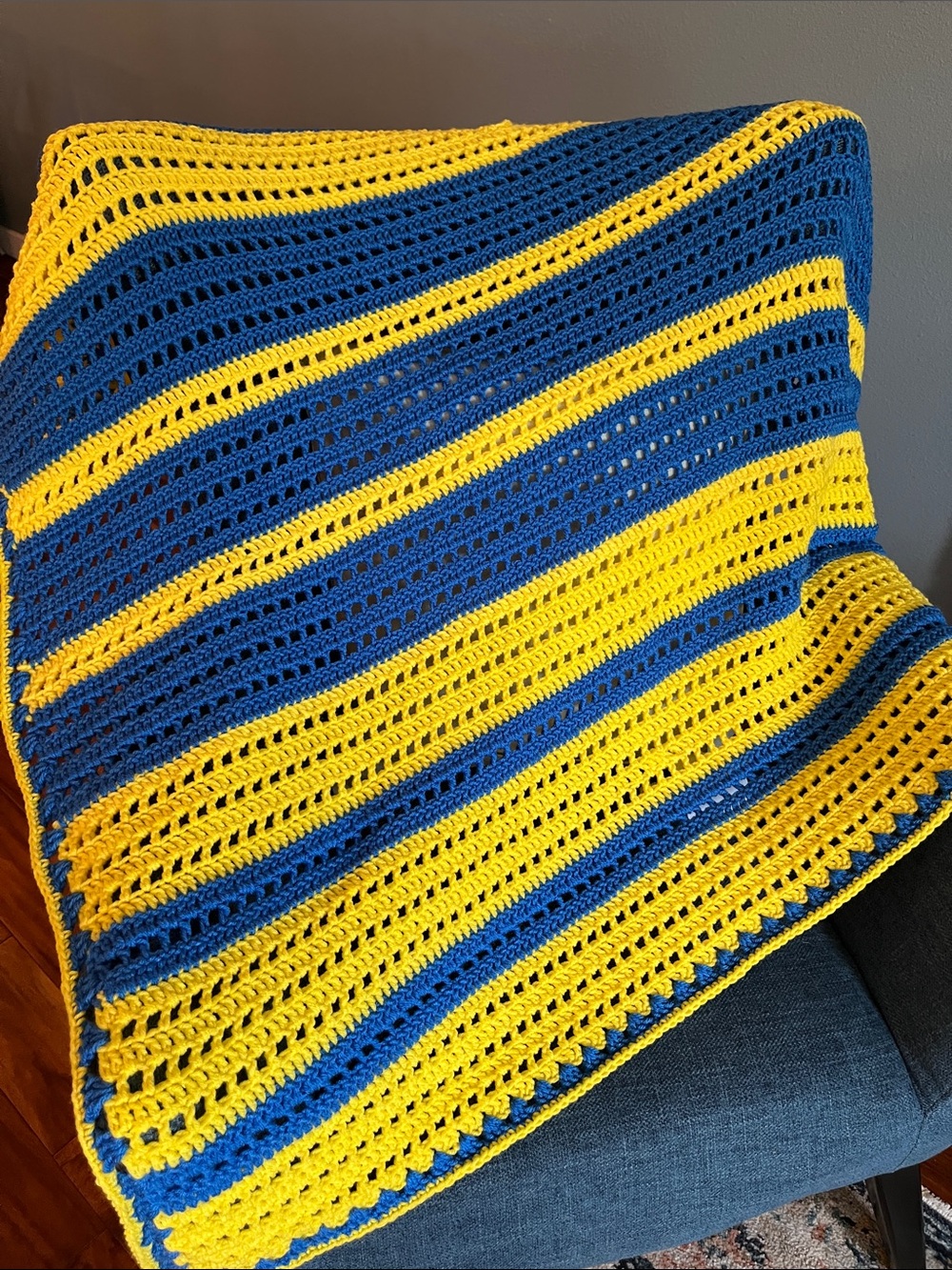 Handmade Crochet Stripe Afghan in Yellow and Blue approx 43"x45"
